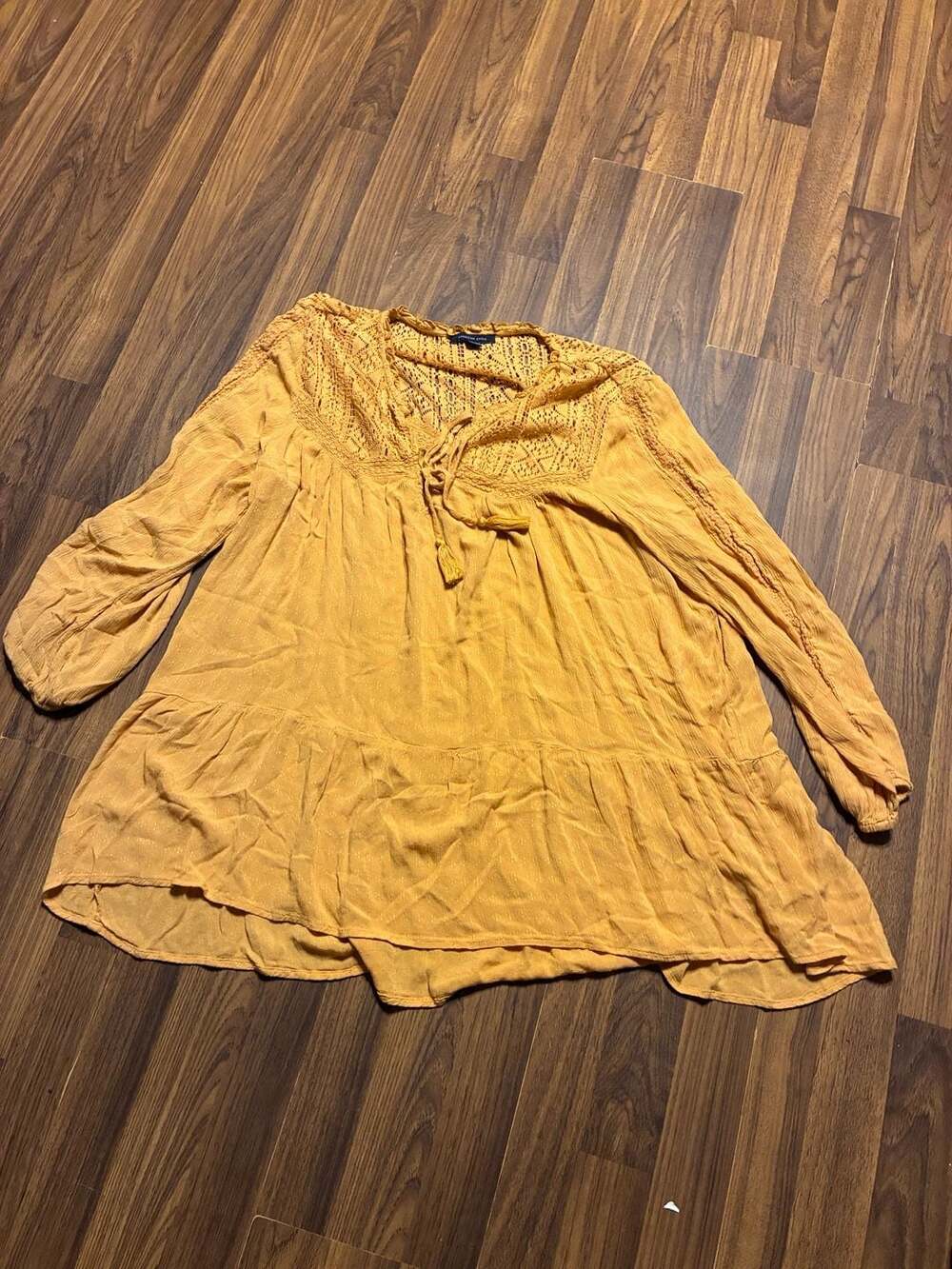 American Eagle Lace Inset Long Sleeve Boho Tunic Blouse
